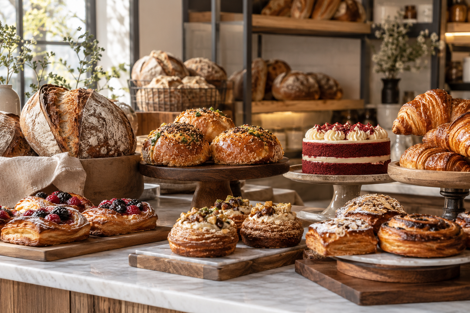 Artisan breads, pastries and red velvet cake featured in the Brio Bakehouse social media marketing case study